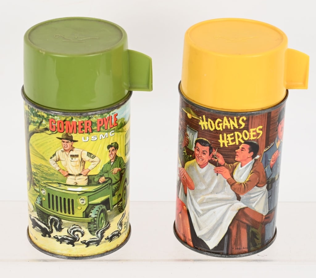 HOGANS HEROS & GOMER PYLE THERMOS: Both in very clean condition. Excellent