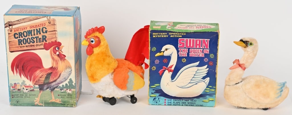 SWAN QUEEN ON WATER & CROWING ROOSTER: Japan battery operated Swan Queen on Water and . Both all original in nice condition. Both worked when tested. Both with Boxes. Largest 10 1/2" Excellent