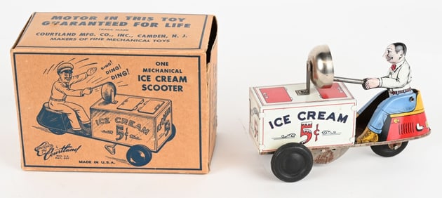 COURTLAND TIN WINDUP ICE CREAM SCOOTER w/ BOX