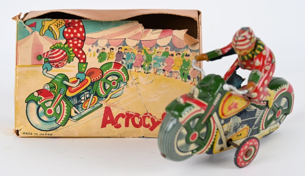JAPAN TIN WINDUP CLOWN MOTORCYCLE w/ BOX (1 of 20)