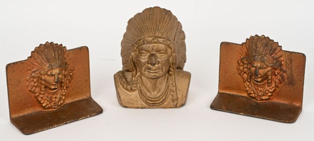 CAST IRON INDIAN BOOK ENDS & STILL BANK