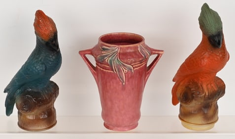 2- TIFFIN PARROT LAMPS & ROSEVILLE VASE