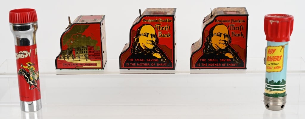 LOT OF TIN BANKS & CHARACTER FLASHLIGHTS (1 of 12)