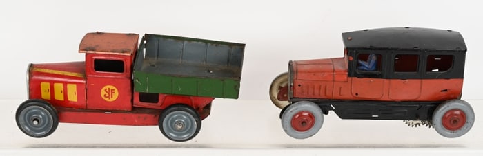 2- FRENCH TIN TOYS, SEDAN & DUMP TRUCK