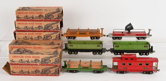 6- AMERICAN FLYER O GAUGE FREIGHT CARS w/ BOXES