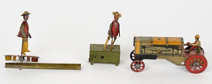 3- GERMAN TIN PENNY TOYS, DANCERS & TRACTOR