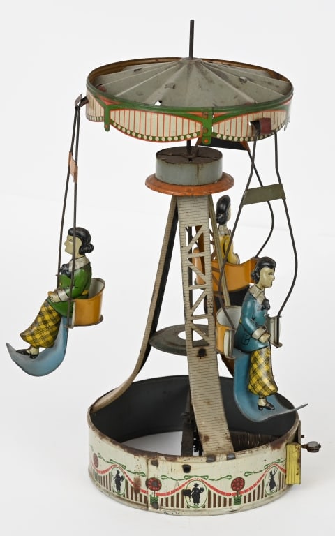 GERMAN TIN WINDUP CAROUSEL SWING w/ LADIES (1 of 4)