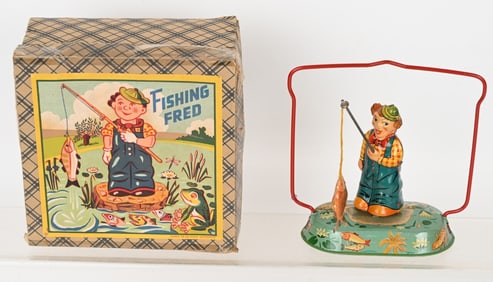 US ZONE GERMANY TIN WINDUP FISHING FRED w/ BOX