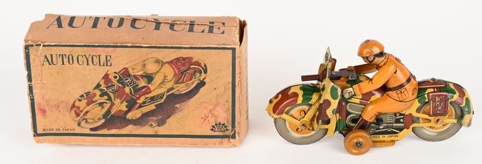 JAPAN TIN WINDUP MILITARY MOTORCYCLE w/ BOX