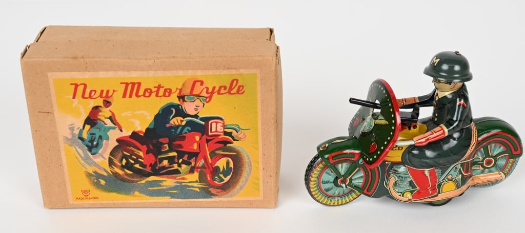 JAPAN TIN FRICTION NEW MOTOR CYCLE w/ BOX: All original in great shape. Friction works. Boxed 5 1/2" Excellent