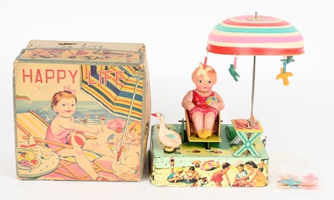 JAPAN TIN & CELLULOID WINDUP HAPPY LIFE w/ BOX