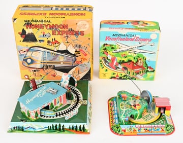 2- JAPAN TIN WINDUP HONEYMOON EXPRESS TOYS w/ BOX