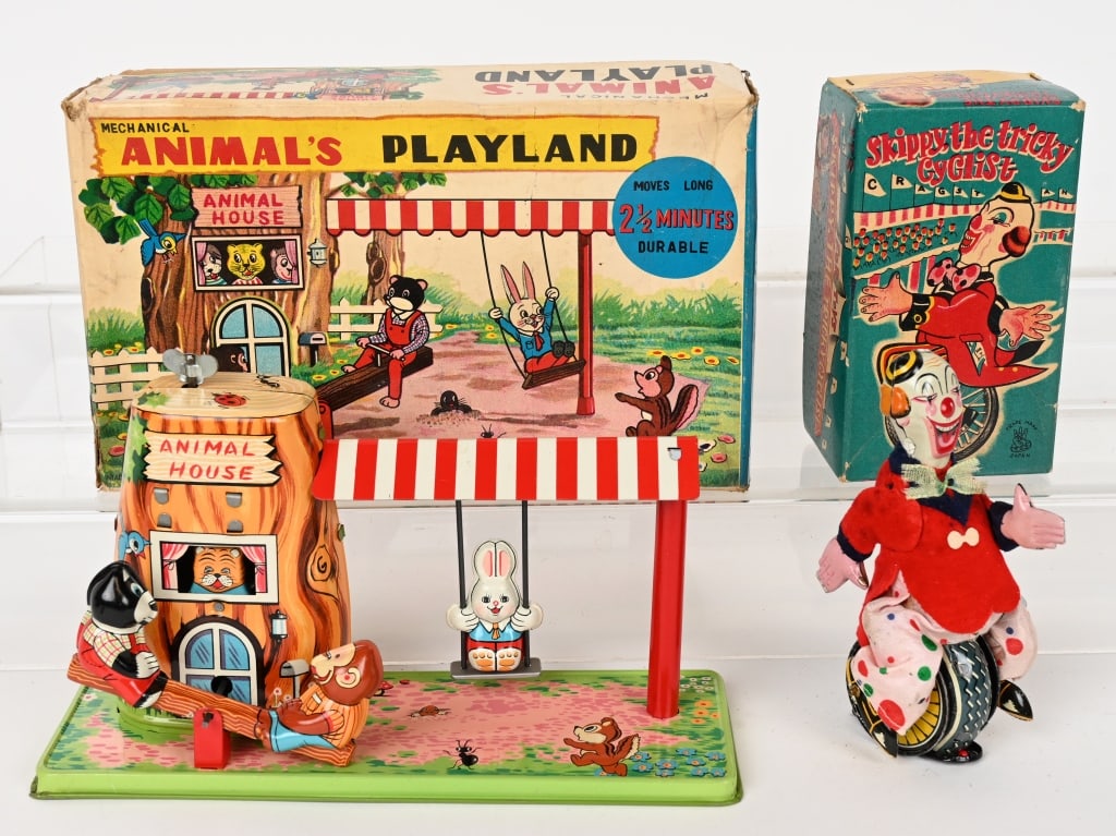 TPS SKIPPY TRICKY CYCLIST & ANIMAL'S PLAYLAND: Both all original in great shape. Both windups work. Both Boxed. largest 10" Excellent