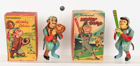 JAPAN WINDUP MONKEY BATTER & CATCHER w/ BOX