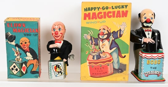2- JAPAN WINDUP CLOWN MAGICIANS w/ BOX