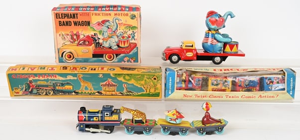 JAPAN ELEPHANT BAND WAGON & 2 CIRCUS TRAINS w/BOX