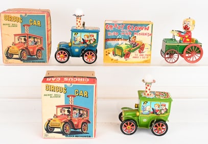 3- JAPAN TIN WINDUP CIRCUS CLOWN CARS w/ BOX