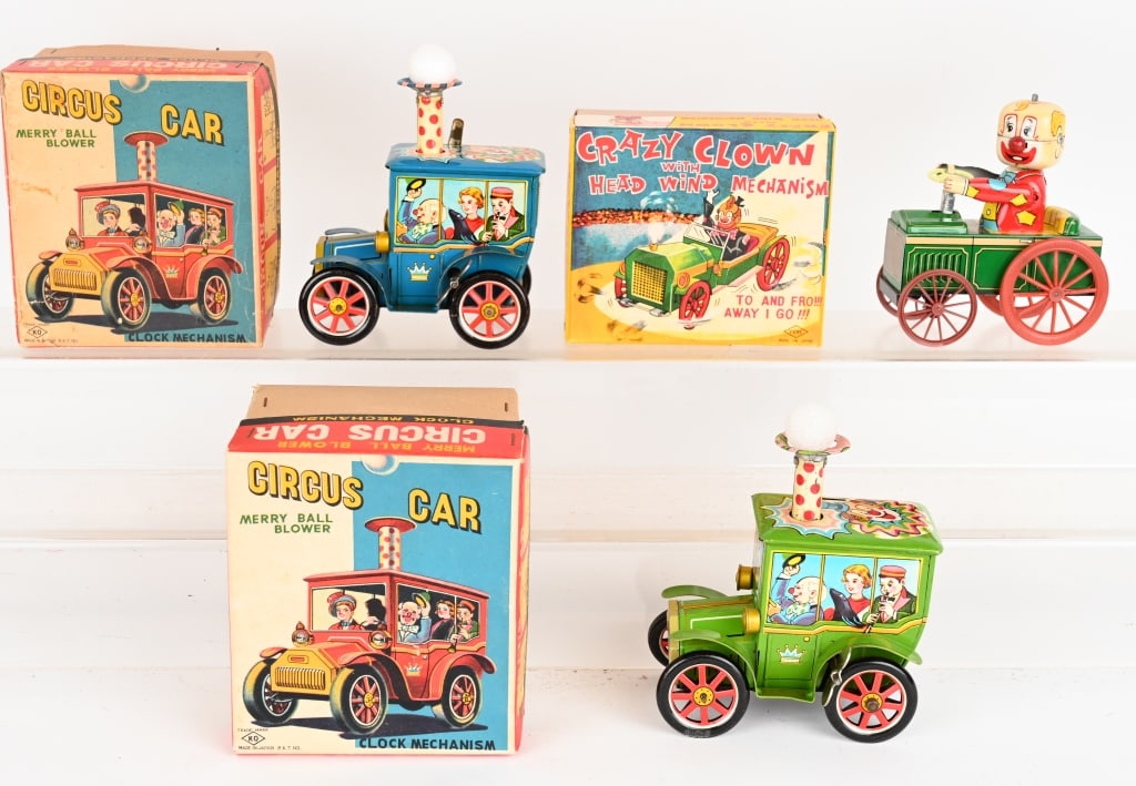 3- JAPAN TIN WINDUP CIRCUS CLOWN CARS w/ BOX (1 of 3)