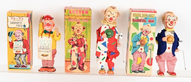 3- JAPAN TIN WINDUP CLOWNS w/ BOX