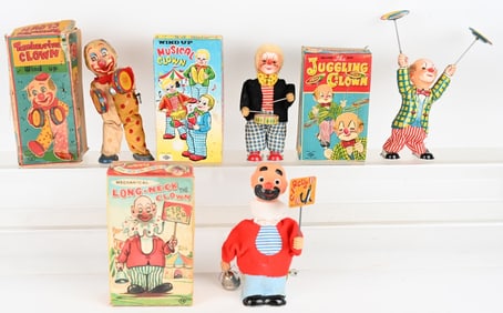 4- JAPAN WINDUP CIRCUS CLOWN TOYS w/ BOXES