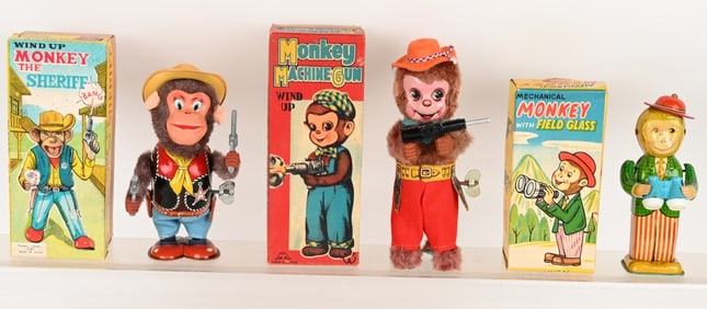 3- JAPAN WINDUP MONKEY TOYS w/ BOXES
