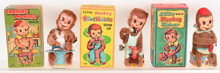 3- JAPAN WINDUP MONKEY TOYS w/ BOXES