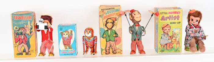 4- JAPAN WINDUP MONKEY TOYS w/ BOXES