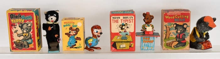 4- JAPAN WINDUP BEAR TOYS w/ BOXES