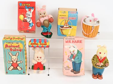 4- JAPAN WINDUP RABBIT TOYS w/ BOXES