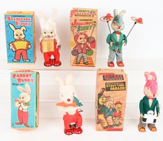 4- JAPAN WINDUP RABBIT TOYS w/ BOXES