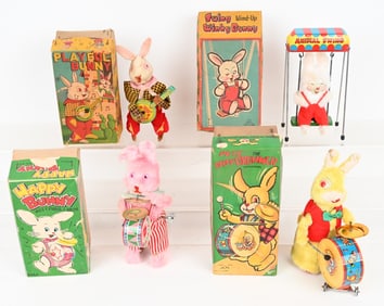 4- JAPAN WINDUP RABBIT TOYS w/ BOXES