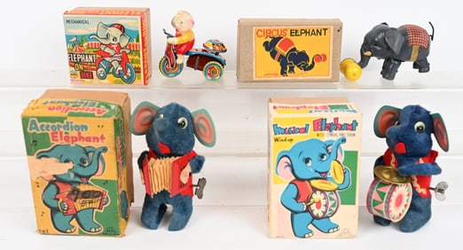 4- JAPAN WINDUP ELEPHANT TOYS w/ BOXES
