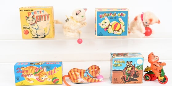 4- JAPAN WINDUP CAT & TIGER TOYS w/ BOXES