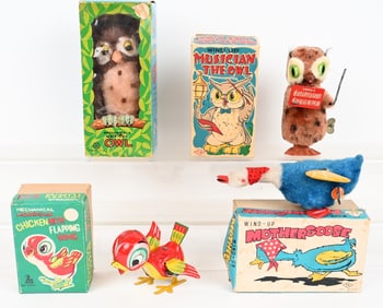 4- JAPAN WINDUP OWLS & MORE TOYS w/ BOXES