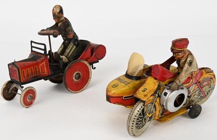2- MARX TIN WINDUP MOTORCYCLE & COO COO CAR