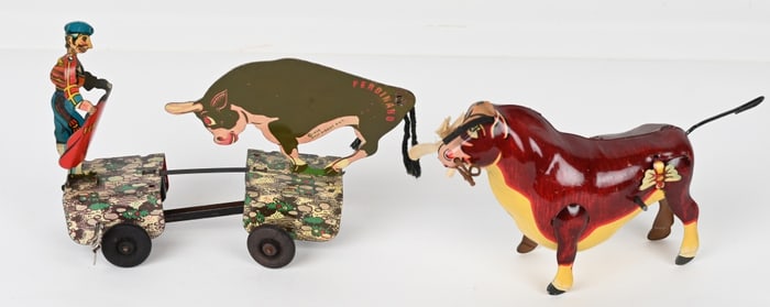 2- MARX TIN WINDUP FERDINAND THE BULL TOYS