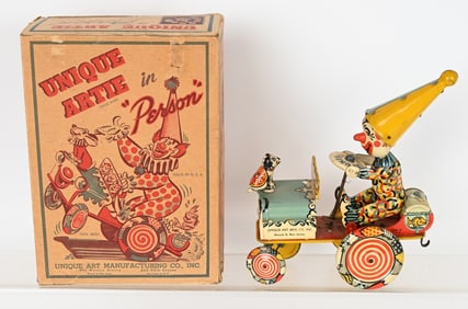 UNIQUE ART TIN WINDUP ARTIE THE CLOWN CAR w/ BOX