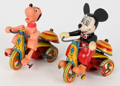2- LINEMAR WINDUP TOYS MICKEY & PLUTO TRICYCLES