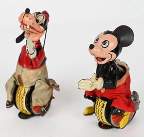 2- LINEMAR TIN WINDUP MICKEY & GOOFY UNICYCLES