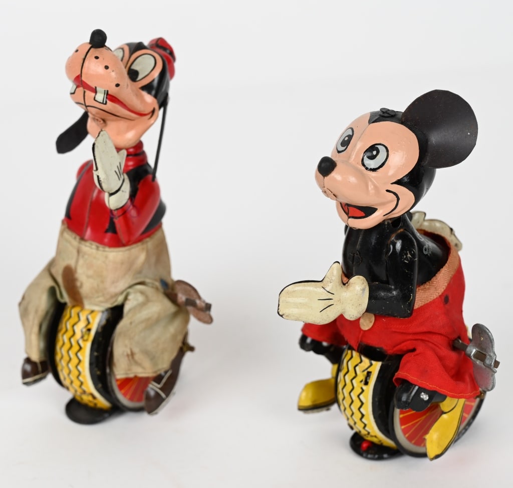 2- LINEMAR TIN WINDUP MICKEY & GOOFY UNICYCLES (1 of 5)