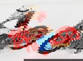 PRIDE LINES HUBLEY POPEYE ON MOTORCYCLE: Contemporary cast metal Popeye with jointed arms on Patrol Motorcycle. 9" Near Mint