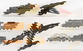 MARX & OTHER MILITARY TOYS: Lot includes restored Marx 6" pressed steel truck and 91/2" airplane. Also included is a cannon and a contemporary 4 piece diecast Eccles military train. Excellent