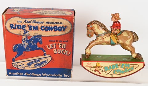 WYANDOTTE TIN WINDUP RIDE 'EM COWBOY, w/ BOX