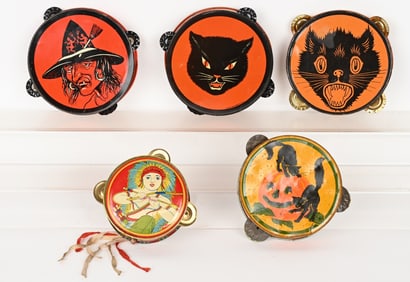 4- HALLOWEEN TIN TAMBOURINES & MORE
