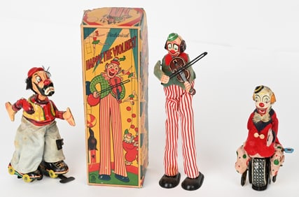 3- JAPAN TPS TIN WINDUP CLOWNS, ONE BOXED