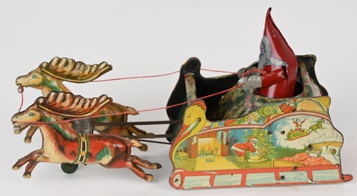 STRAUSS TIN WINDUP SANTEE CLAUS SLEIGH