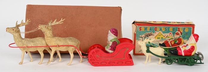 2- CELLULOID SANTA CLAUS TOYS w/ BOXES