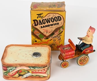 JAPAN TIN & CELLULOID WINDUP GROGGY CAR & MORE