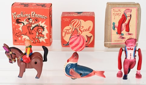 3- JAPAN CELLULOID WINDUP TOYS W BOXES