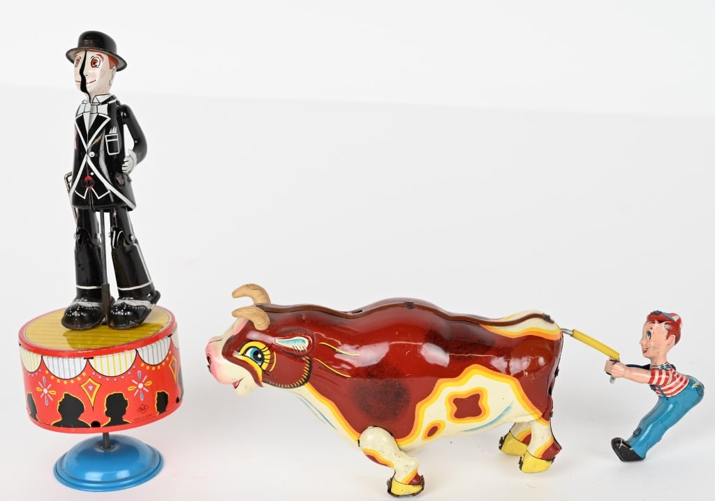 2- JAPAN TIN WINDUP TOYS: lot includes Bull Pulling Boy, working, and Tap dancer, not working. Largest is 9" Excellent